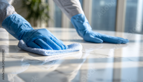 Professional cleaning service worker wearing blue gloves and wiping a shiny white marble or ceramic floor with a cloth, in a well-lit modern interior