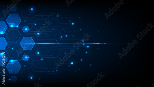 Futuristic technology digital background with glowing blue hexagons and circuit lines global data flow and high speed internet connectivity in dark virtual space