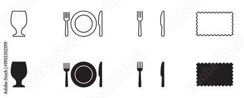 Collection of black restaurant and dining icons showing a glass, plate, fork, knife, and stamp in both outline and solid silhouette styles for graphic design