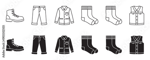 Collection of outdoor clothing and apparel icons featuring boots, jeans, a jacket, socks, and a vest, presented in both minimalist line art and solid black glyph styles
