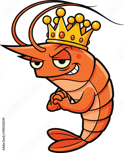 Smug Cartoon Shrimp King Mascot Character Wearing Gold Crown And Rubbing Hands With Cunning Expression For Seafood Branding Vector Illustration