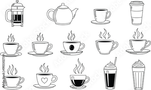 Coffee and tea outline icons vector set. Cups, mugs, teapot, French press, and takeaway drinks in minimal line style. Clean black and white design for UI, menus, and café branding.