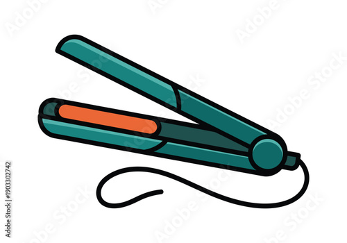 A simple cartoon illustration of a teal hair straightener with orange heating plates and a black power cord.