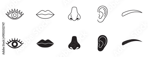 Set of human facial feature icons showing an eye, lips, nose, ear, and eyebrow in two different styles, a simple black outline and a solid silhouette glyph