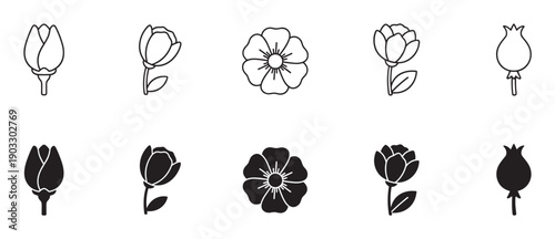 Set of minimalist black flower icons showing various blooms and buds in two distinct styles, a simple line art outline and a solid filled silhouette for graphic design elements