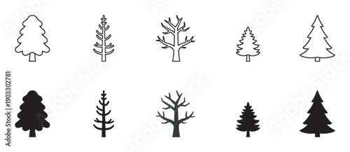Collection of ten minimalist tree icons in black outline and solid silhouette styles showing various fir, pine, and leafless deciduous shapes for graphic design