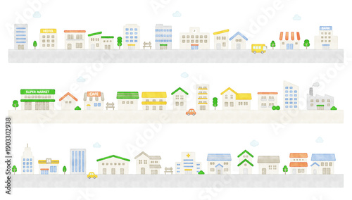 水彩風　家と建物の街並みのイラスト素材　ベクター