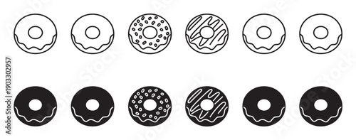 Set of black donut icons in line art and glyph styles showing various toppings like sprinkles and icing, presented in a simple, minimalist graphic design collection
