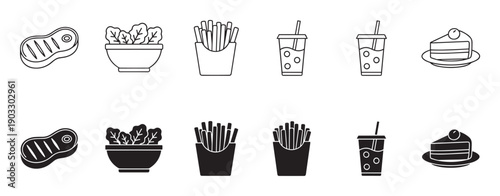 Minimalist food and drink icon collection featuring a full meal of steak, salad, french fries, a beverage, and cake, designed in two versions as simple line art and solid glyphs