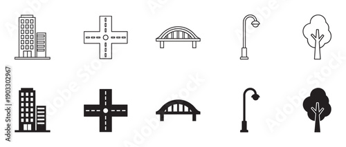 Set of urban city element icons featuring buildings, roads, bridges, streetlights, and trees in both thin line art and solid black silhouette styles for versatile graphic design