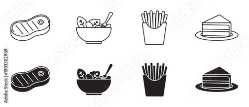 Black and white food icon set featuring steak, salad, french fries, and cake, presented in both minimalist line art and solid glyph styles for menu or app design