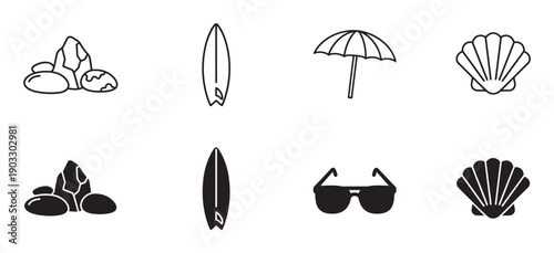 Set of black beach vacation icons in line art and solid glyph styles showing a surfboard, umbrella, seashell, sunglasses, and rocks for summer holiday themes