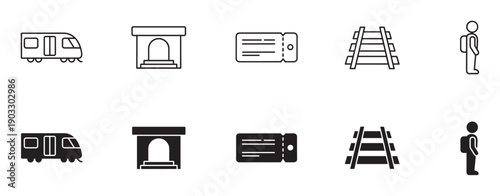 Set of train travel icons in two styles, thin line art and solid black glyph, showing a train, tunnel, ticket, railway track, and passenger symbol for public transport