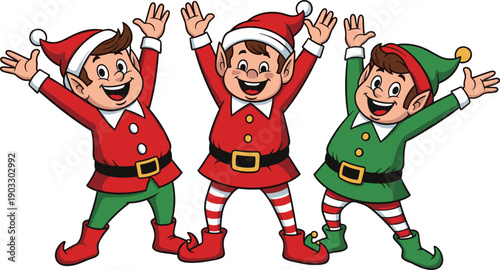 Three Cheerful Cartoon Christmas Elves Vector Illustration Celebrating With Joyful Expressions Wearing Red And Green Festive Outfits And Pointy Hats