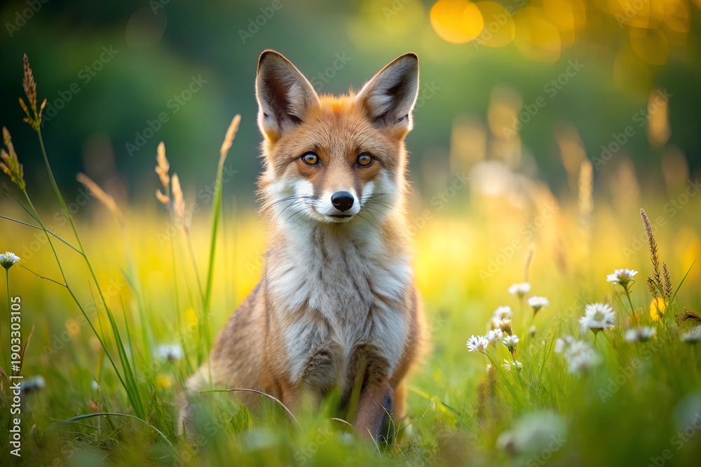 Fototapeta premium Red fox sitting on green meadow with wildflowers wildlife portrait in natural habitat soft sunlight calm atmosphere