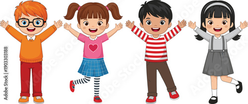 Diverse Group of Happy School Children Characters with Raised Hands for Educational Materials, Kindergarten Classroom Decorations, Youth Development Programs, and Kids Activity Illustrations