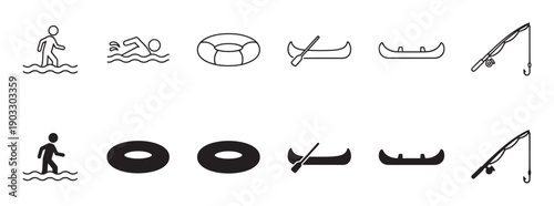 Set of black water recreation icons depicting swimming, fishing, and canoeing, presented in both simple line art and solid silhouette graphic styles for various design uses