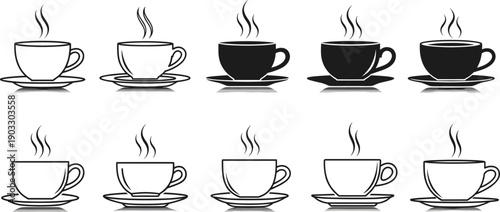 Coffee cup icons vector set in outline style. Steaming cups in black and white variations. Clean minimal design for UI icons, menus, logos, and café graphics.
