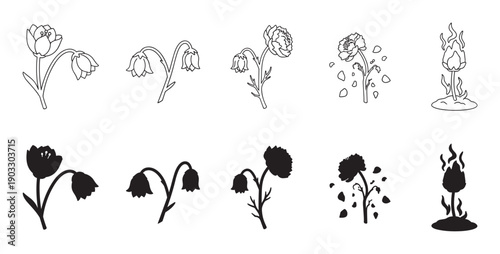 Set of black flower icons showing the life cycle from blooming to wilting, decay, and magical rebirth, presented in both minimalist line art and solid silhouette styles