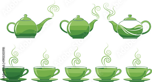 Green tea set vector illustration. Steaming teapots and teacups in clean flat style. Calm herbal beverage design for café menus, wellness branding, and beverage graphics.