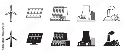 Set of black energy source icons for power generation, including wind turbine, solar panel, hydroelectric dam, nuclear plant, and eco-factory in outline and solid glyph styles