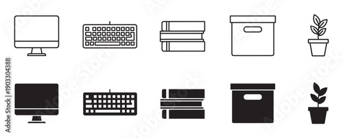 Black and white office equipment icons featuring a monitor, keyboard, books, storage box, and plant, presented in both thin outline and filled solid silhouette styles