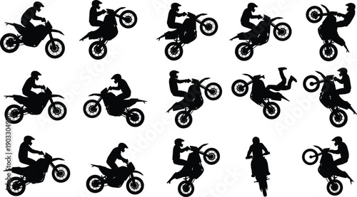 Dynamic collection of extreme motocross rider silhouettes performing stunts and wheelies on dirt bikes, ideal for illustrating adrenaline, off-road sports, and adventurous pursuits, isolated on white
