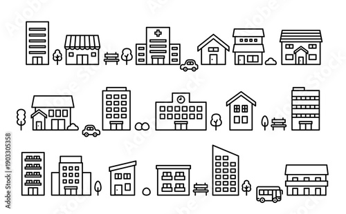 ビル・店舗・病院などの施設アイコン　モノクロ　ベクター