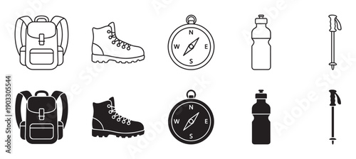 Hiking equipment icons set including a backpack, boot, compass, water bottle, and trekking pole, presented in two minimalist styles as black line art and solid silhouettes