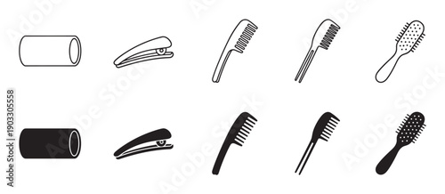 Collection of black hairdressing tool icons including a roller, clip, various combs, and a brush, presented in both simple outline and solid filled silhouette styles