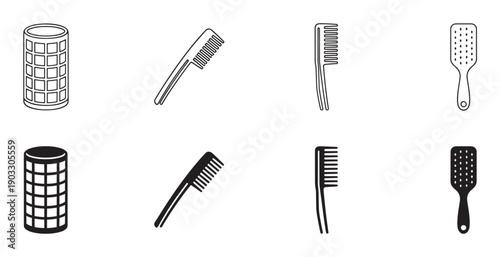 Set of black hair care icons including rollers, combs, and brushes in a minimalist line art and silhouette style for beauty and salon concepts
