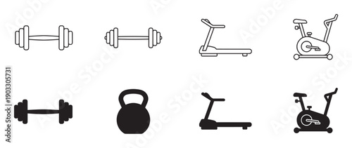 Gym equipment icons set with dumbbell, treadmill, kettlebell, and exercise bike in simple black line art and solid silhouette styles for fitness and workout concepts
