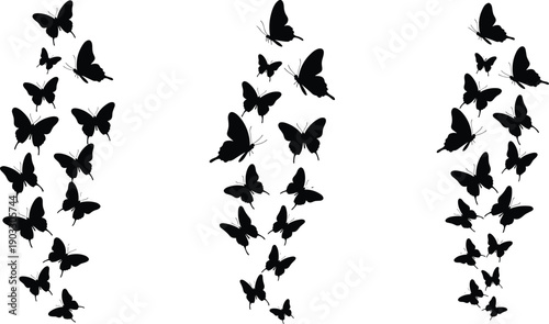  Dynamic black silhouettes of butterflies in flight, forming graceful ascending patterns, symbolizing freedom, transformation, and natural beauty, ideal for abstract and decorative designs