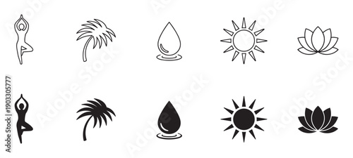 Set of black yoga and wellness icons showing a person in tree pose, a palm tree, a water drop, a sun, and a lotus flower in both line art and solid silhouette styles
