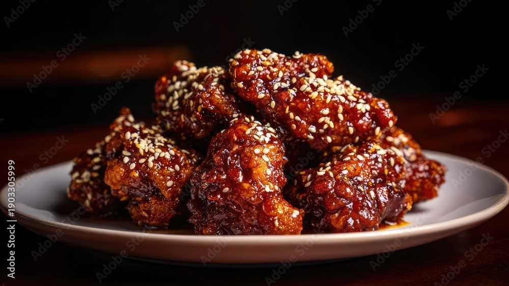Fototapeta premium Sticky glazed chicken wings topped with sesame seeds on a white plate. Concept Sticky glazed chicken wings, Sesame seeds garnish, White plate presentation, Appetizing platter, Sweet-spicy glaze