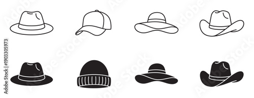 Collection of black hat icons showing different styles including fedora, baseball cap, sun hat, and cowboy hat in both line art and solid silhouette vector illustrations