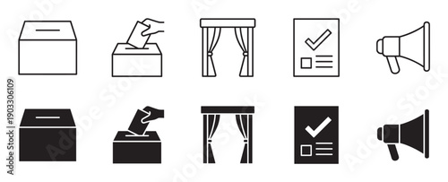 Set of black election icons showing a ballot box, voting booth, ballot paper, and megaphone in both line art and solid glyph styles for political campaigns