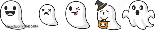 Cute halloween ghost emoji characters set, funny spooky cartoon spirits illustration, adorable white ghost expressions collection for design use projects