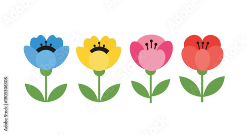 Colorful cartoon flowers arranged in a row with different colors and simple designs