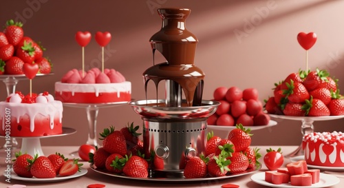 Chocolate Fountain with Strawberries and Heart Decorations on Display