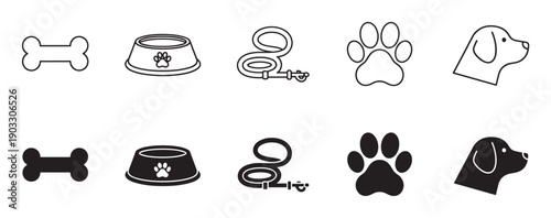 Set of black dog-related icons in two styles, outline and solid silhouette, showing a bone, food bowl, leash, paw print, and puppy head for pet care or veterinary concepts