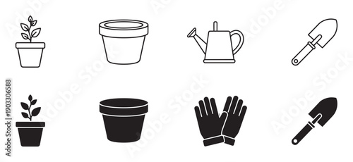 Set of black gardening icons featuring line art and solid silhouette styles of a plant, pot, watering can, trowel, and gloves for horticultural concepts