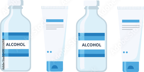 Medical Alcohol Bottles and Antiseptic Gel Tube Flat Vector Illustration Set Isolated on White Background