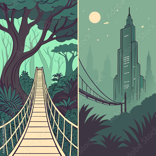 Surreal bridge connecting two ethereal worlds, symbolizing transition and exploration. Vector illustration.