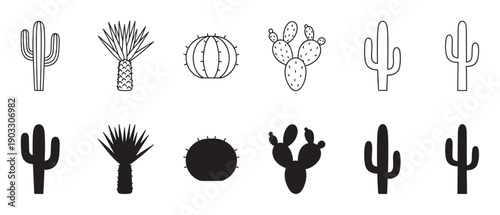 Black and white cactus icon set featuring various desert plants like saguaro, prickly pear, and yucca in minimalist outline and solid silhouette graphic styles for design elements