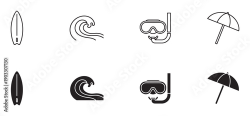 Collection of black summer vacation icons featuring a surfboard, ocean wave, snorkel mask, and beach umbrella, presented in both minimalist outline and solid glyph styles