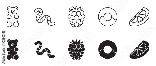 Set of black and white candy icons featuring a gummy bear, worm, raspberry, donut, and citrus slice, presented in both minimalist outline and solid glyph styles