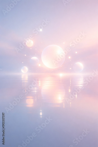 Pastel Dreamscape with Glowing Orbs Reflecting on Calm Water