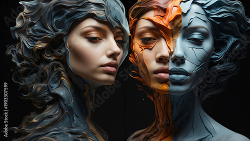 Surreal Dual Female Portrait with Cracked Texture and Liquid Metallic Art