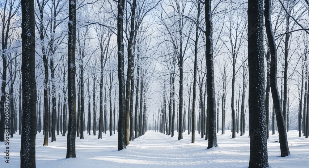 Fototapeta premium Snow Covered Tree Trunks in a Winter Forest Landscape with Sunlight